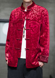 Jacquard Red Pockets Button Silk Velour Men Coats Spring