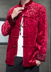 Jacquard Red Pockets Button Silk Velour Men Coats Spring
