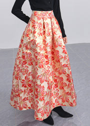 Jacquard Red Pockets High Waist Maxi Skirts Spring