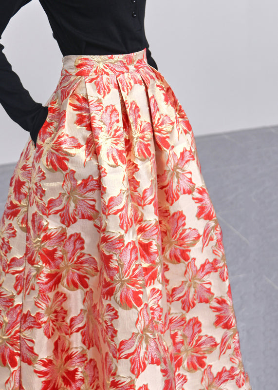 Jacquard Red Pockets High Waist Maxi Skirts Spring