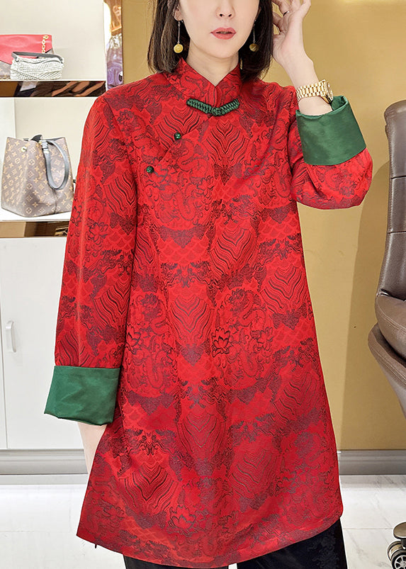 Jacquard Red Stand Collar Button Silk Blouses Long Sleeve