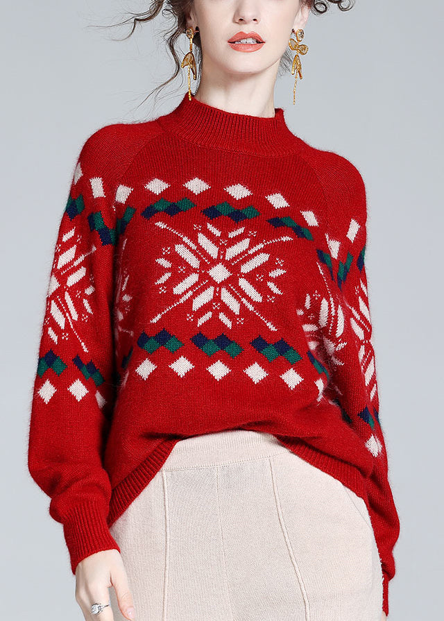 Jacquard Red Turtleneck Cozy Cashmere Knit Sweater Winter