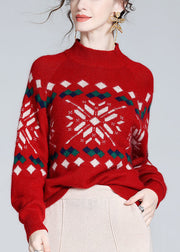 Jacquard Red Turtleneck Cozy Cashmere Knit Sweater Winter