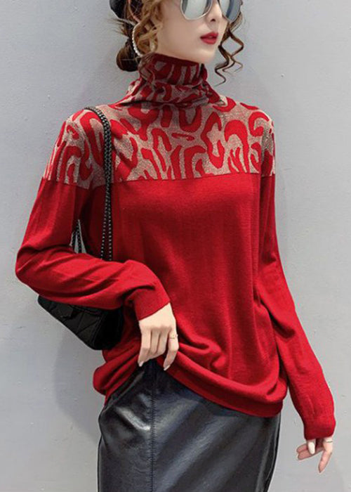 Jacquard Red Turtleneck Patchwork Cotton T Shirts Spring