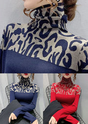 Jacquard Red Turtleneck Patchwork Cotton T Shirts Spring