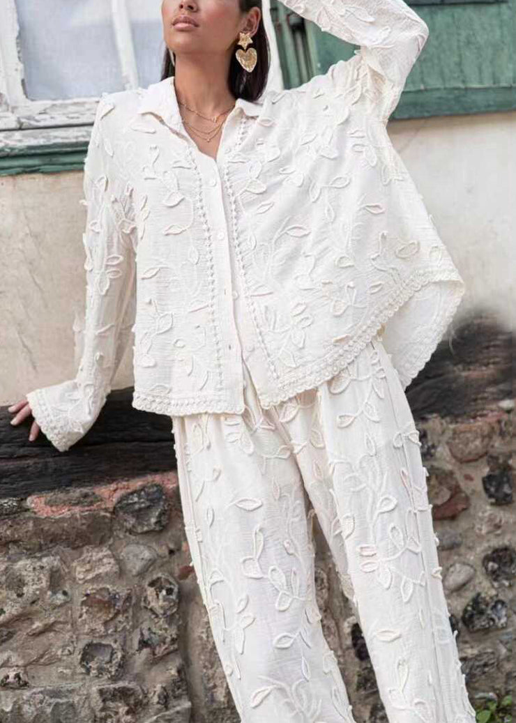Jacquard White Button Cotton Shirts And Pants Sets 2 Pieces Long Sleeve