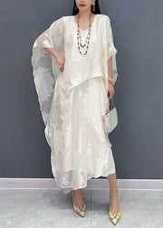 Jacquard White O-Neck Silk Long Dress Summer