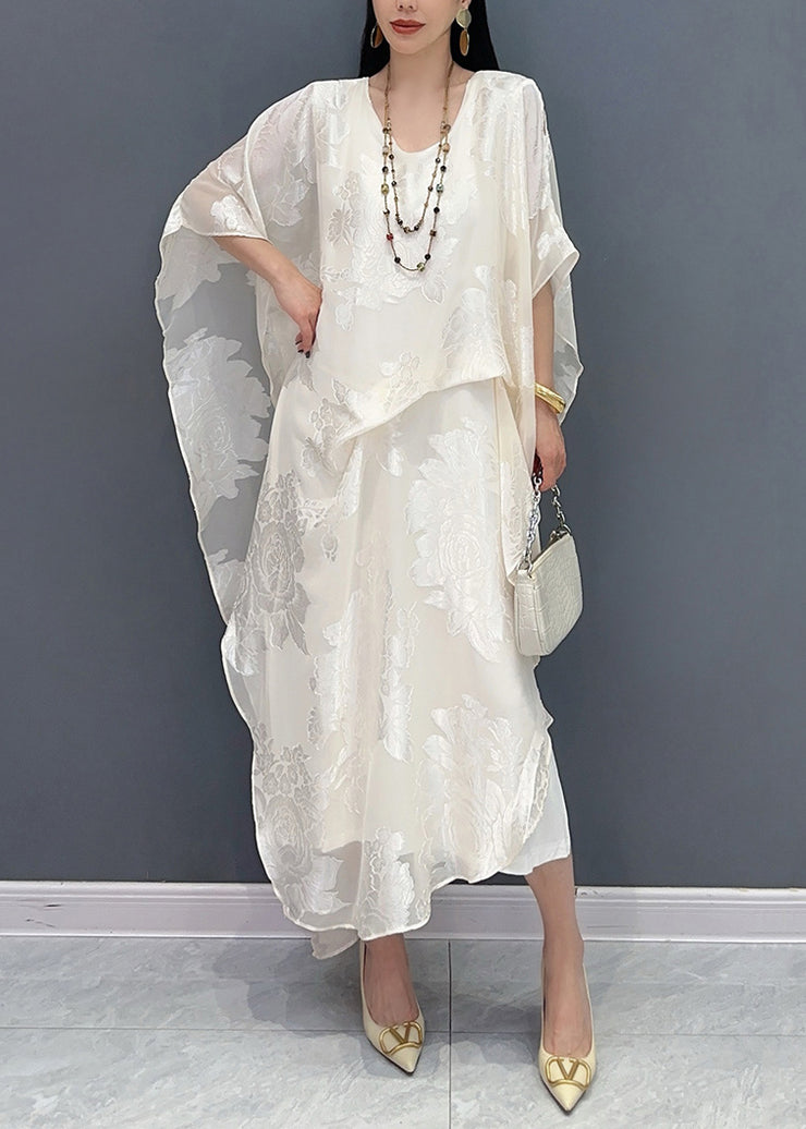Jacquard White O-Neck Silk Long Dress Summer