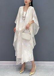 Jacquard White O-Neck Silk Long Dress Summer
