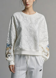 Jacquard White O Neck Solid Cotton Sweatshirt Fall