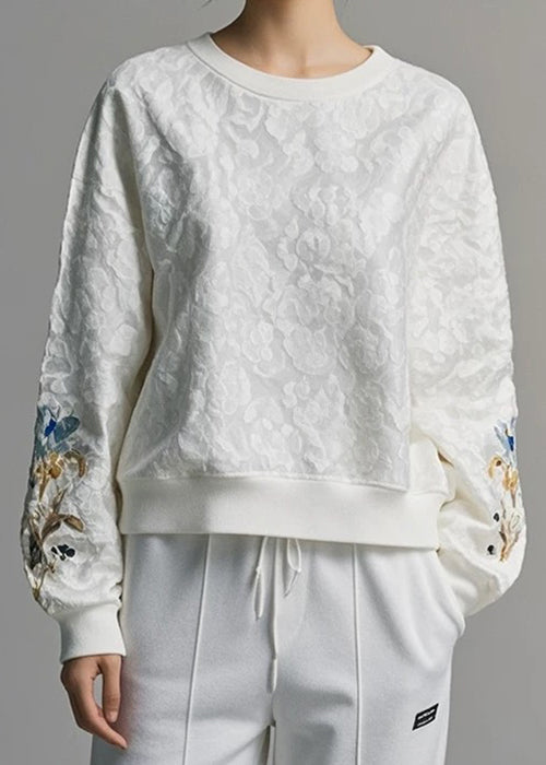 Jacquard White O Neck Solid Cotton Sweatshirt Fall