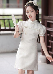 Jacquard White Patchwork Kids Long Dresses Puff Sleeve