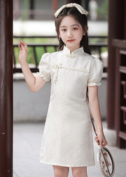 Jacquard White Patchwork Kids Long Dresses Puff Sleeve