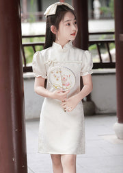 Jacquard White Patchwork Kids Long Dresses Puff Sleeve