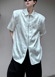 Jacquard White Peter Pan Collar Button Silk Men Shirts Summer
