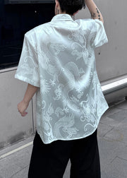 Jacquard White Peter Pan Collar Button Silk Men Shirts Summer