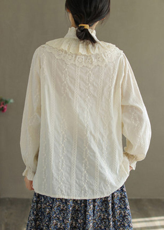 Jacquard White Ruffled Embroideried Lace Patchwork Button Cotton Shirt Long Sleeve