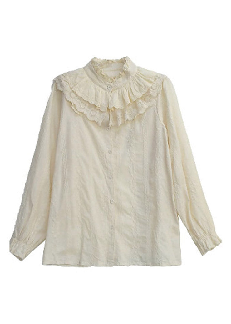 Jacquard White Ruffled Embroideried Lace Patchwork Button Cotton Shirt Long Sleeve