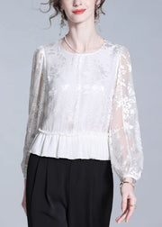 Jacquard White Ruffled Zippered Silk Tops Fall