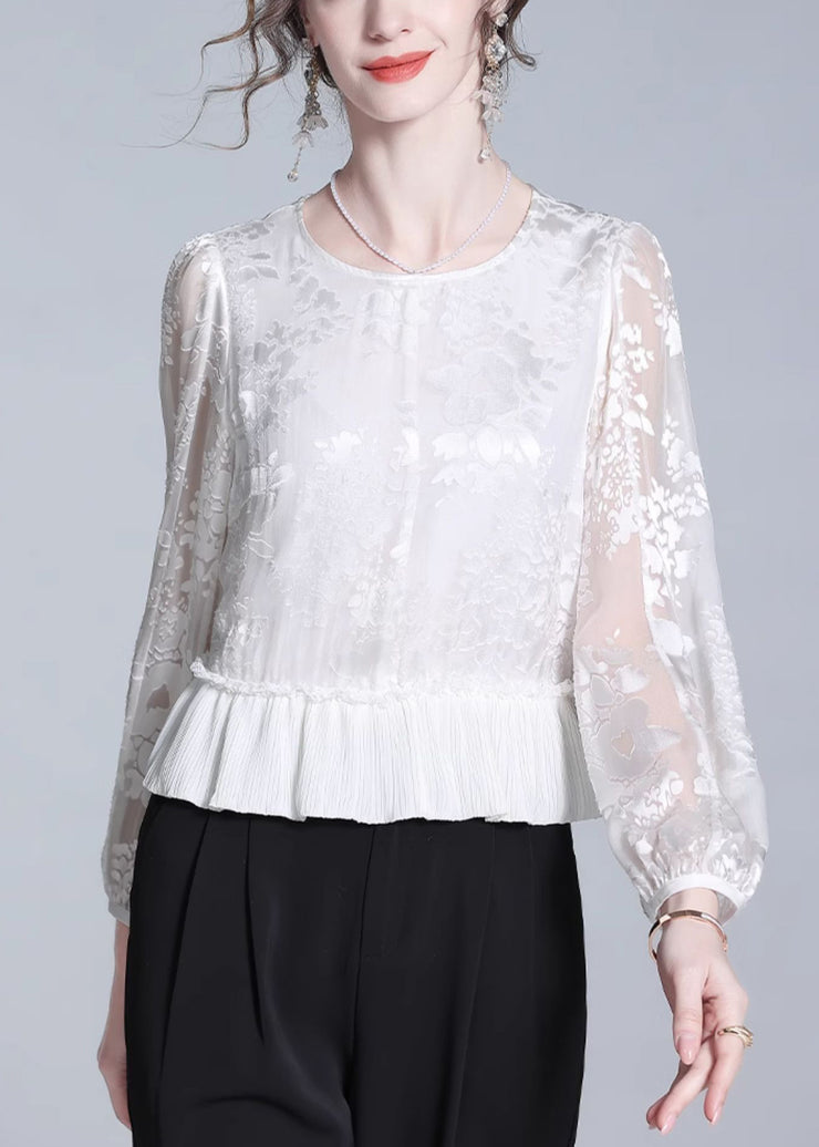 Jacquard White Ruffled Zippered Silk Tops Fall