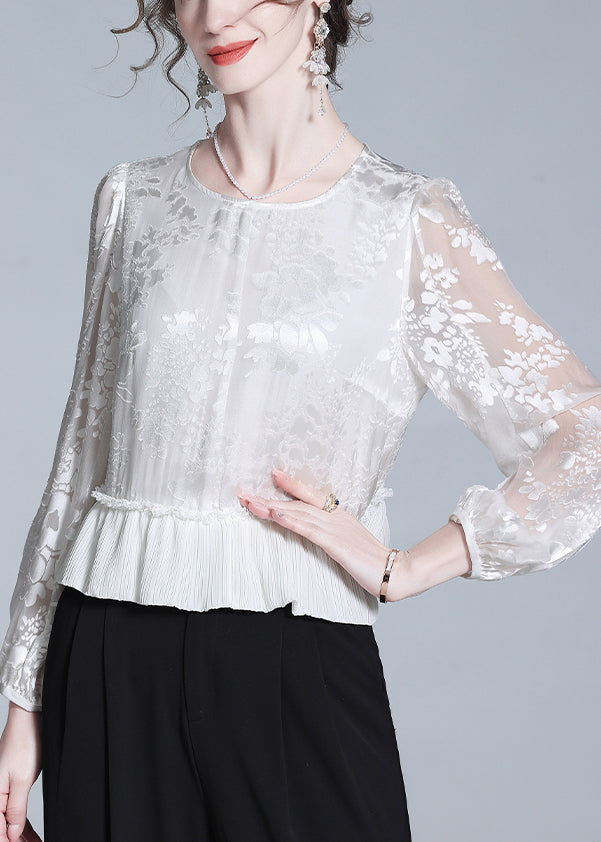 Jacquard White Ruffled Zippered Silk Tops Fall