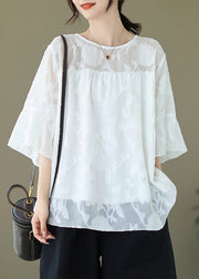 Jacquard White Solid Embroidery Tulle Top Flare Sleeve