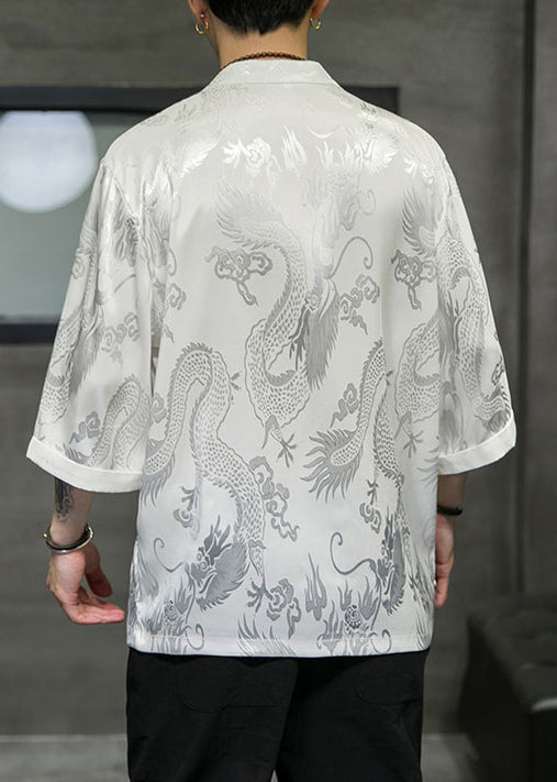 Jacquard White Stand Collar Button Ice Silk Mens T Shirts Summer