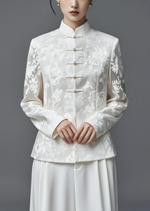 Jacquard White Stand Collar Button Thin Silk Cotton Coats Fall