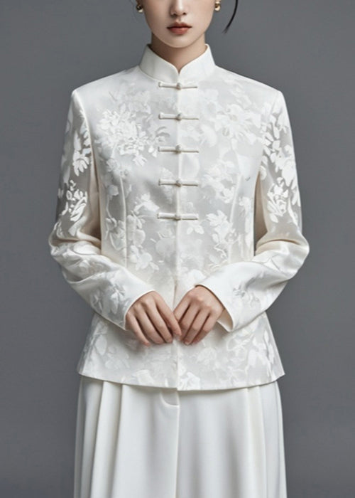 Jacquard White Stand Collar Button Thin Silk Cotton Coats Fall