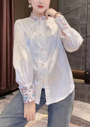 Jacquard White Stand Collar Embroidered Button Silk Shirt Spring