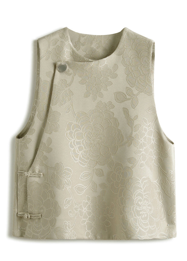 Jacquard White Tan O Neck Button Patchwork Silk Waistcoat Sleeveless