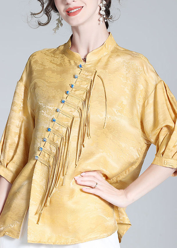 Jacquard Yellow Stand Collar Button Silk Shirt Long Sleeve