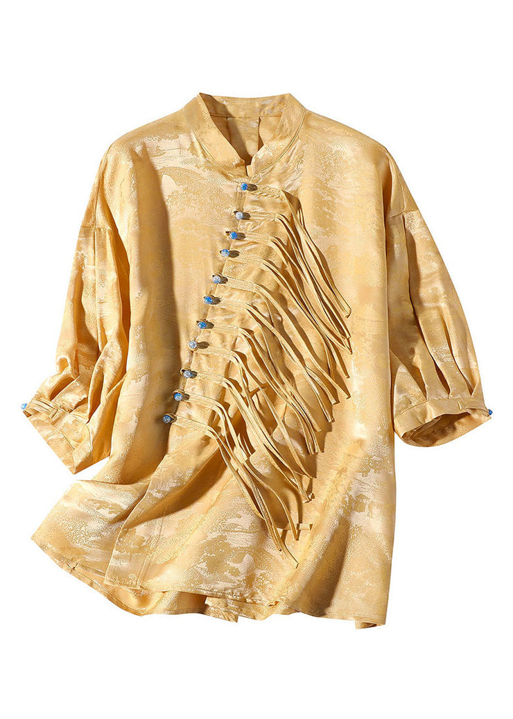 Jacquard Yellow Stand Collar Button Silk Shirt Long Sleeve