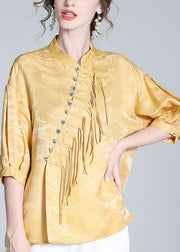 Jacquard Yellow Stand Collar Button Silk Shirts Spring