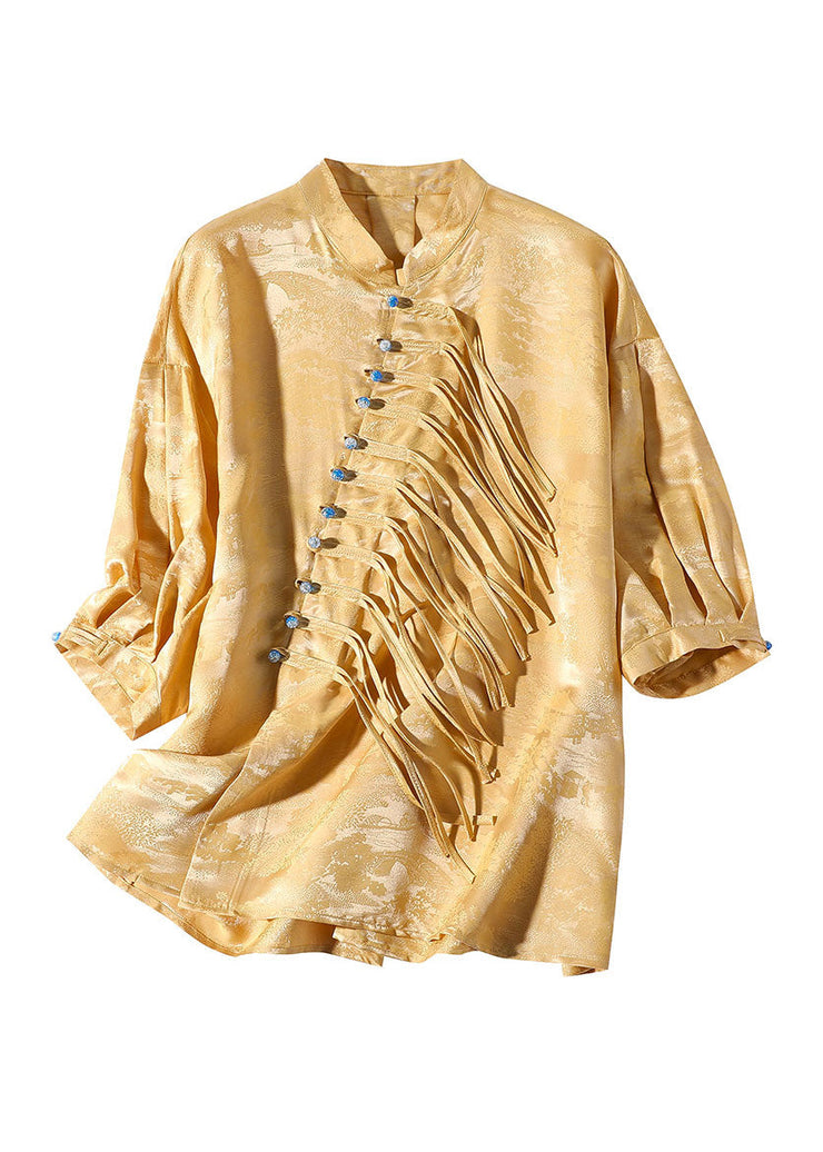 Jacquard Yellow Stand Collar Button Silk Shirts Spring