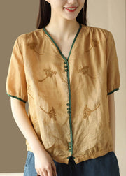 Jacquard Yellow V Neck Button Ramie Shirt Summer