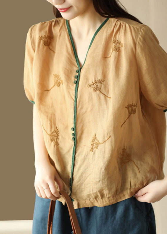 Jacquard Yellow V Neck Button Ramie Shirt Summer