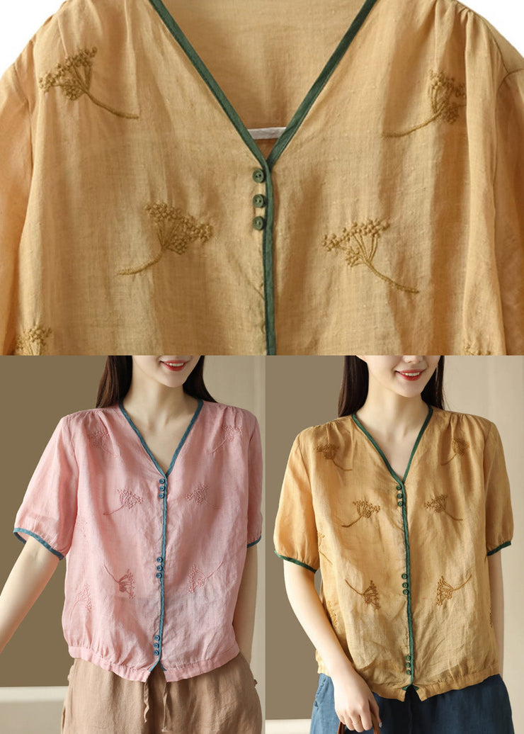 Jacquard Yellow V Neck Button Ramie Shirt Summer