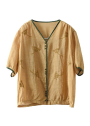 Jacquard Yellow V Neck Button Ramie Shirt Summer