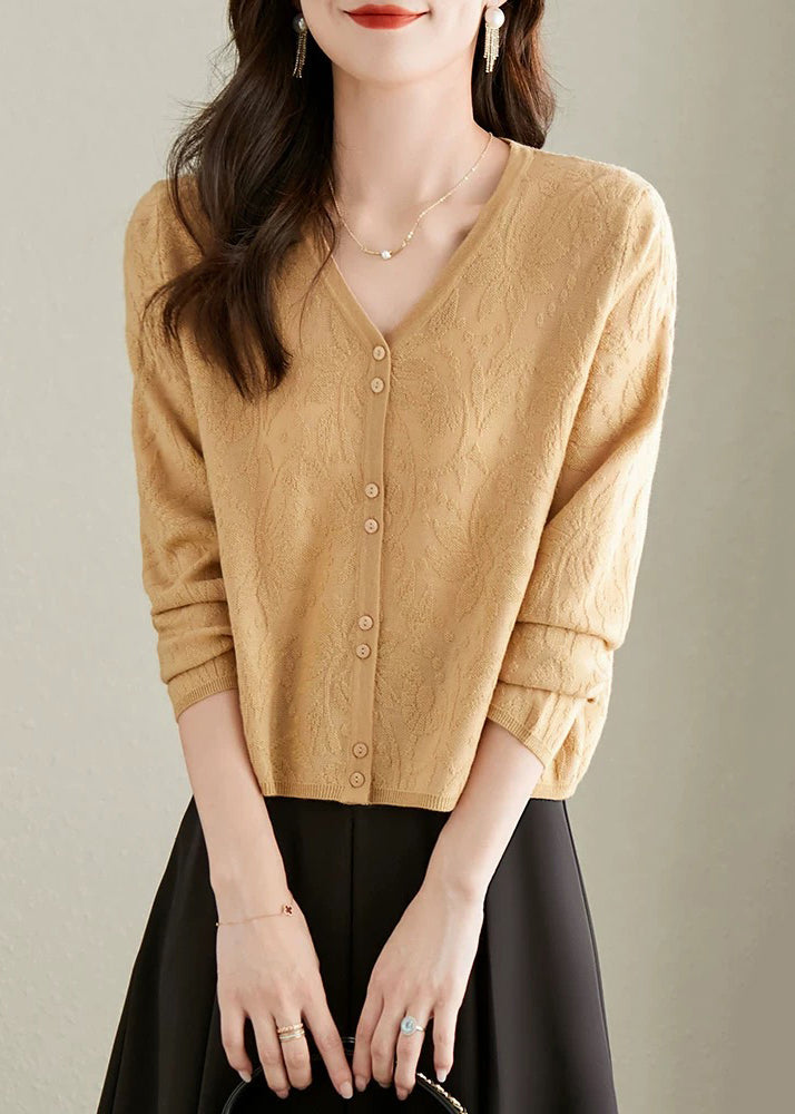 Jacquard Yellow V Neck Button Solid Knit Cardigan Fall