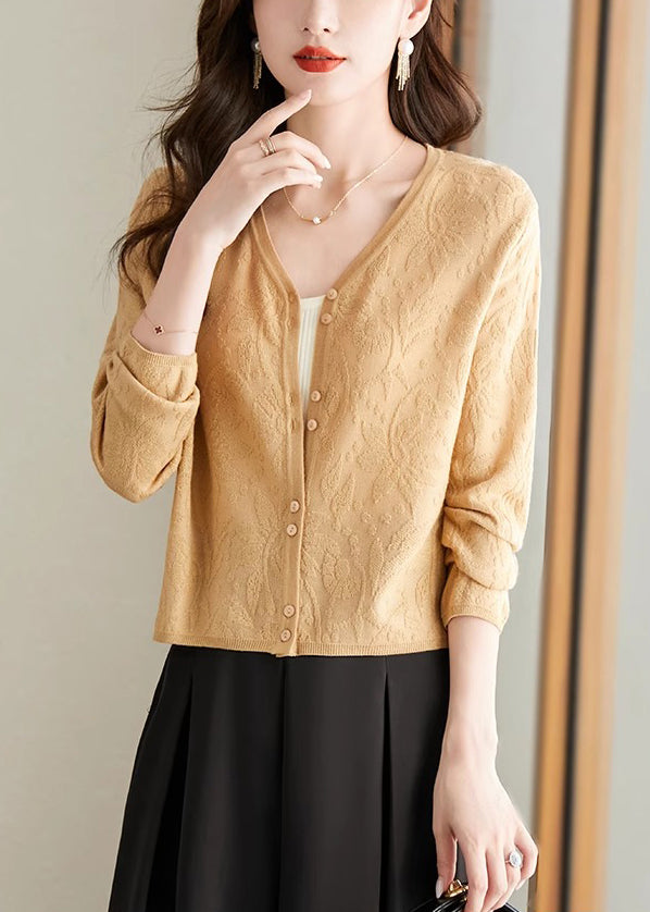 Jacquard Yellow V Neck Button Solid Knit Cardigan Fall