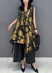 Jacquard Yellow V Neck Patchwork Button Silk Waistcoat Summer