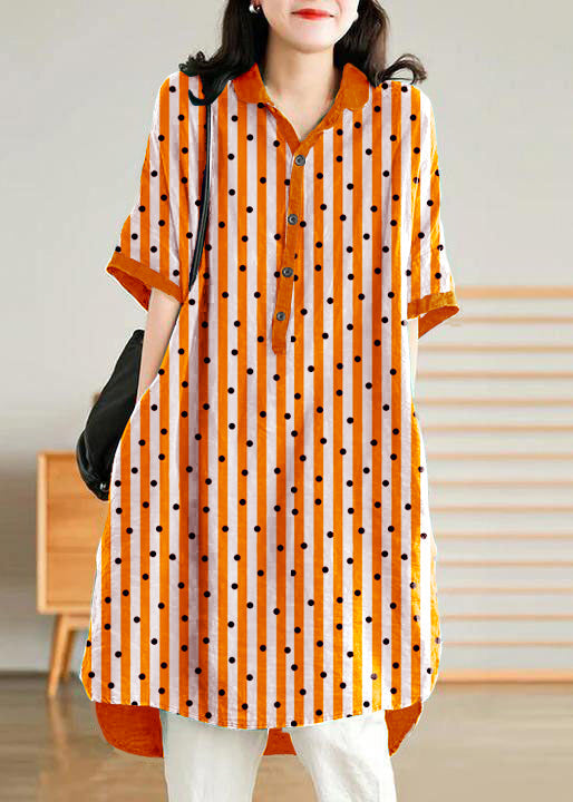 Jade orange stripes polka dots Linen Women Casual Linen Shirt Dress