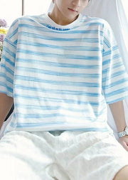 Japanese Style Blue Stripes O-Neck Cotton Mens T Shirts Summer