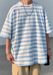 Japanese Style Blue Stripes O-Neck Cotton Mens T Shirts Summer