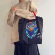 Japanese Style Embroidered Owl Large Capacity Shopping Bag 2024