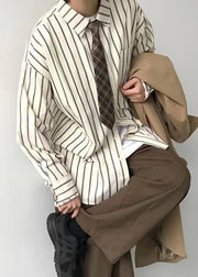 Japanese Style Khaki Peter Pan Collar Striped Men Shirts Fall