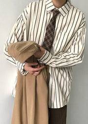 Japanese Style Khaki Peter Pan Collar Striped Men Shirts Spring