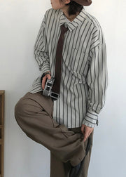 Japanese Style Khaki Peter Pan Collar Striped Men Shirts Fall