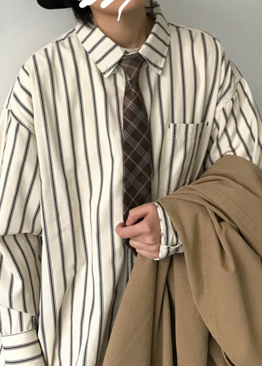 Japanese Style Khaki Peter Pan Collar Striped Men Shirts Fall